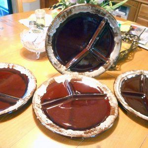 SET of 4! Brown Drip Glaze Divided 11" Dinner Plates! NEW